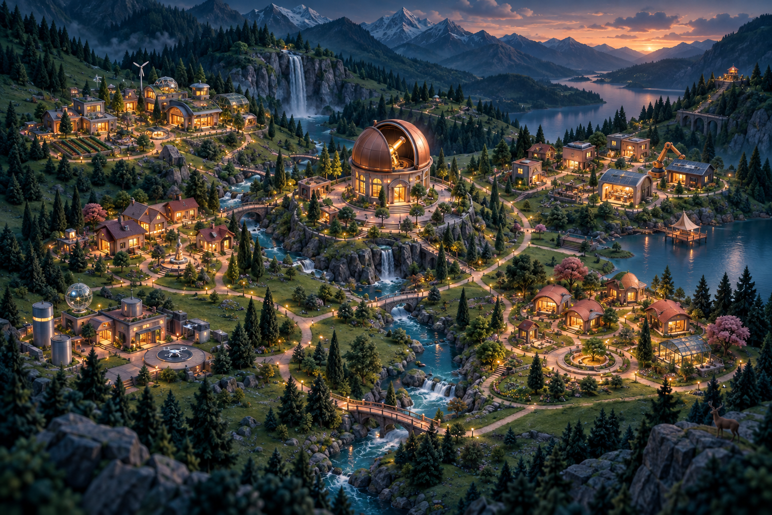 AI Valley mit kleinen Häusern, Werkstätten, einem Observatorium und einem Fluss im Bergtal